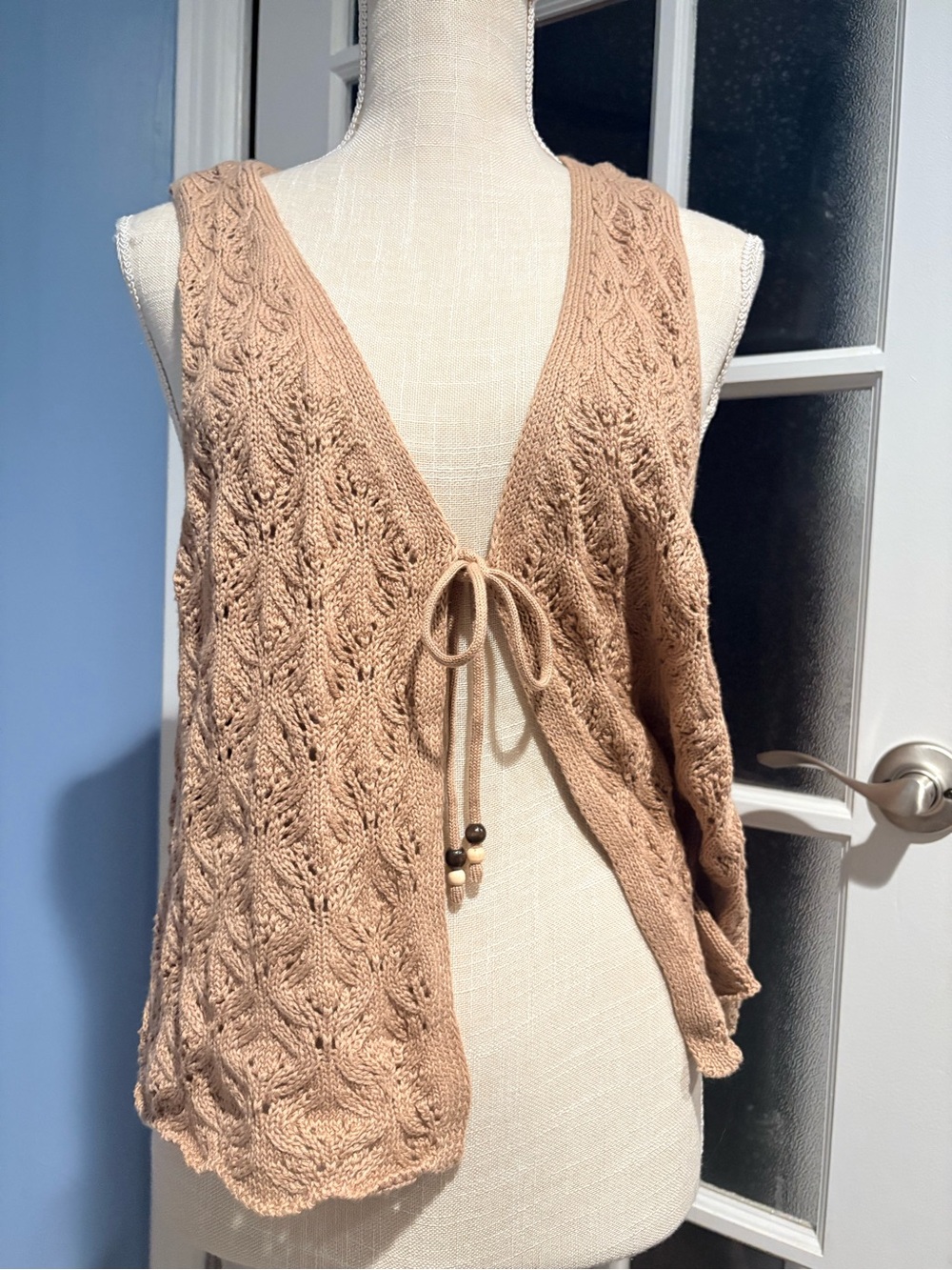 Better Together Knit Vest Women Large Beige Crochet Tie Front Boho Tank Top